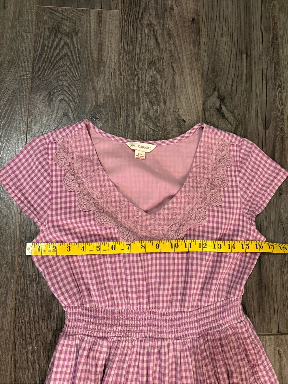 Vintage April Cornell midi dress gingham cotton sweetheart neckline lace detail - Picture 14 of 15
